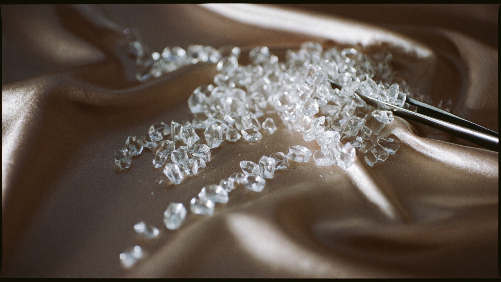 Tiny clear crystals scattered across champagne satin next to a pair of fine steel tweezers.